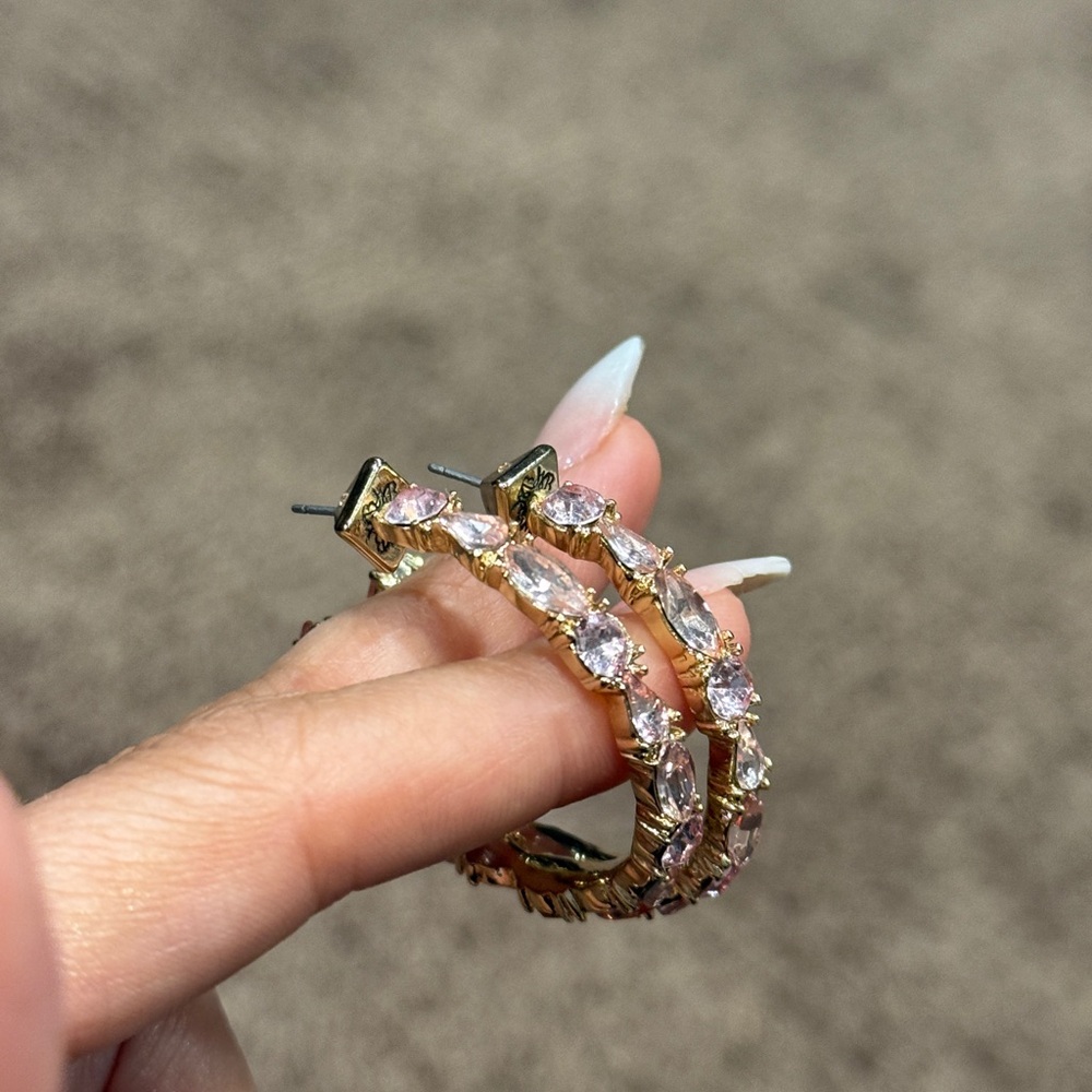 Gold Hoop Earrings with Pink Crystal Accents